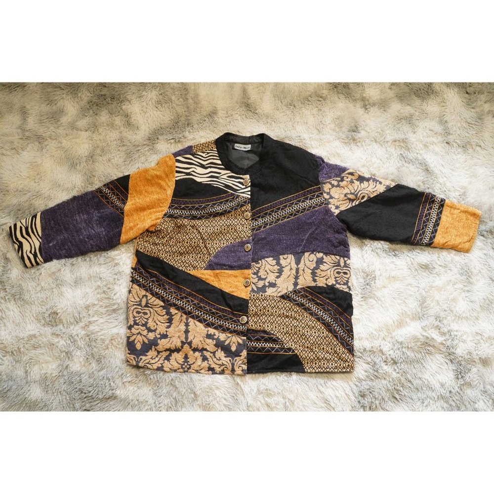 Indigo Moon Jacket Womens Size Xtra Large Chenille Patchwork Lined Mixed Media